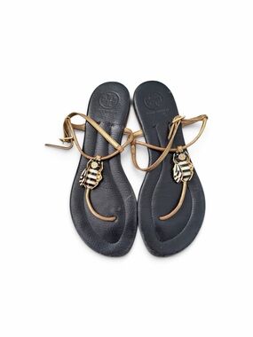 Tory Burch Black Leather Sandals with Gold Bee Charms